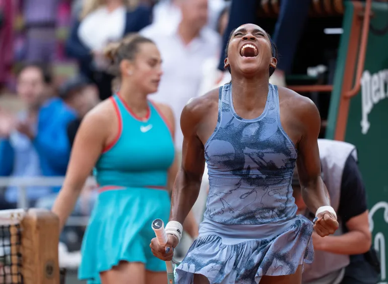 Coco Gauff of the United States celebrates winning the women's singles final against Aryna Sabalenka on day 14 at Roland Garros Stadium.